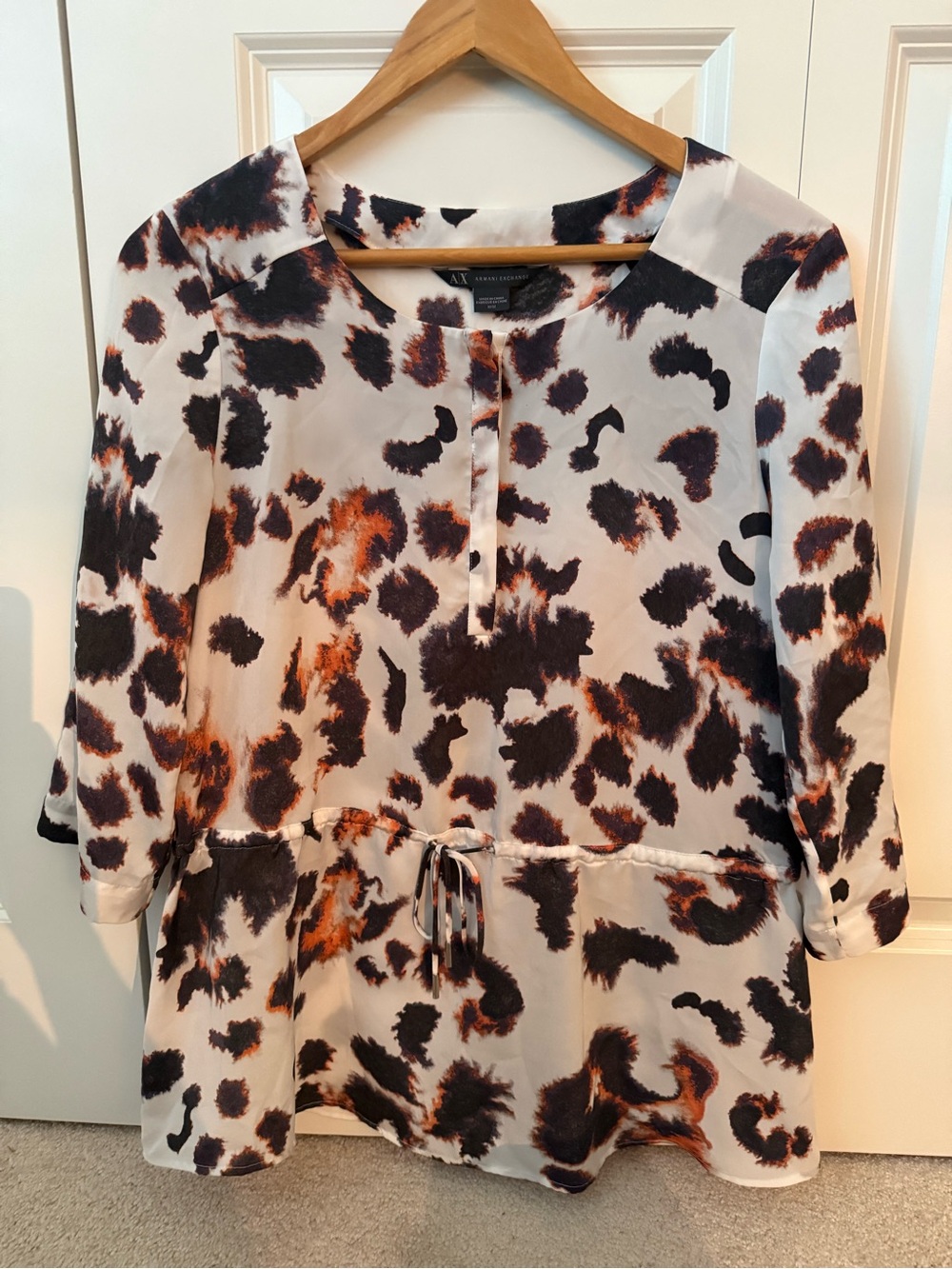 Armani Exchange Leopard Print Blouse Drawstring Waist 3/4 Sleeves M Never Worn